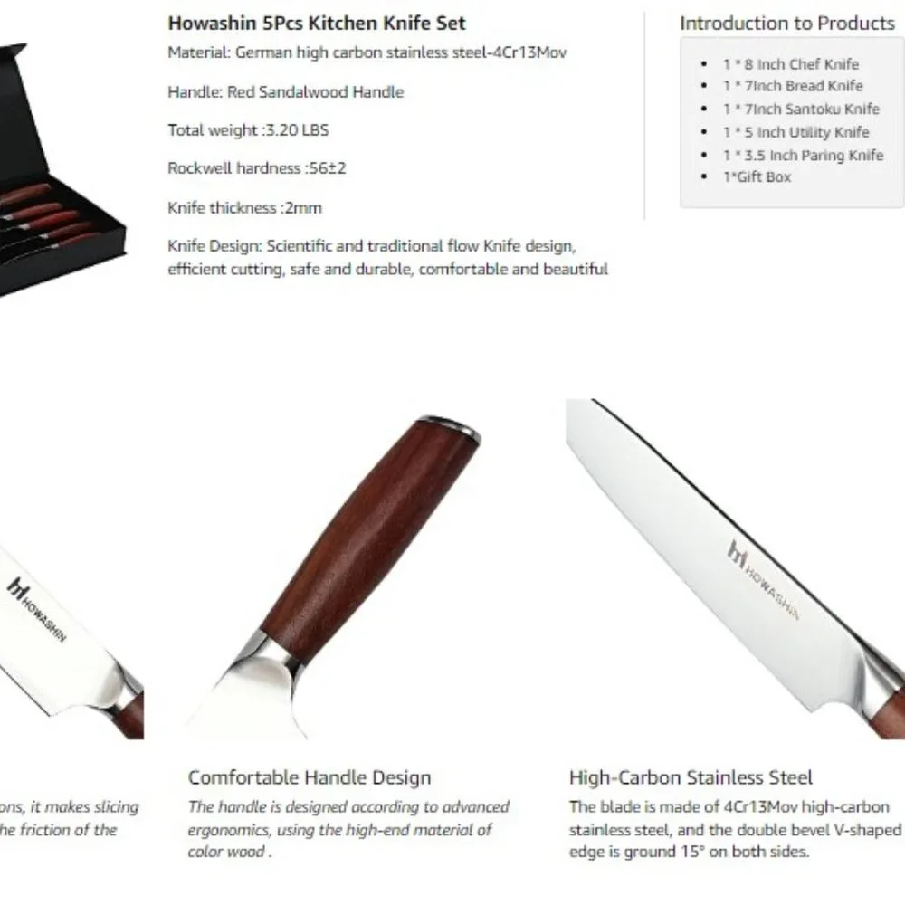 5 pcs - Professional Kitchen Knife Set with Red Sandalwood Handles